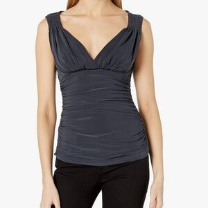 Norma Kamali Tara Gray/Black Top PW Ruched Sleeveless Stretch Jersey Size Small